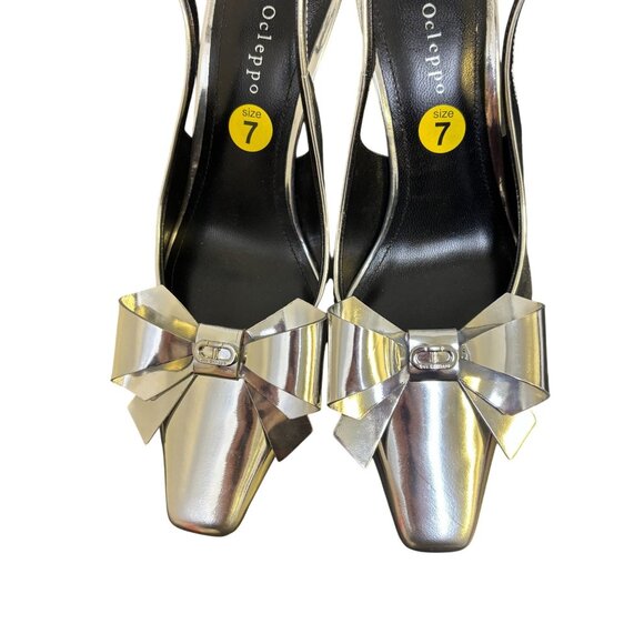 Dee Ocleppo Silver Slingback Pumps With Bow Detail Heels - Picture 7 of 10